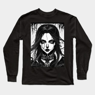 Mysterious Metalhead: Unleash Your Inner Metalhead with Our Dark and Mystical Black and White Artwork Long Sleeve T-Shirt